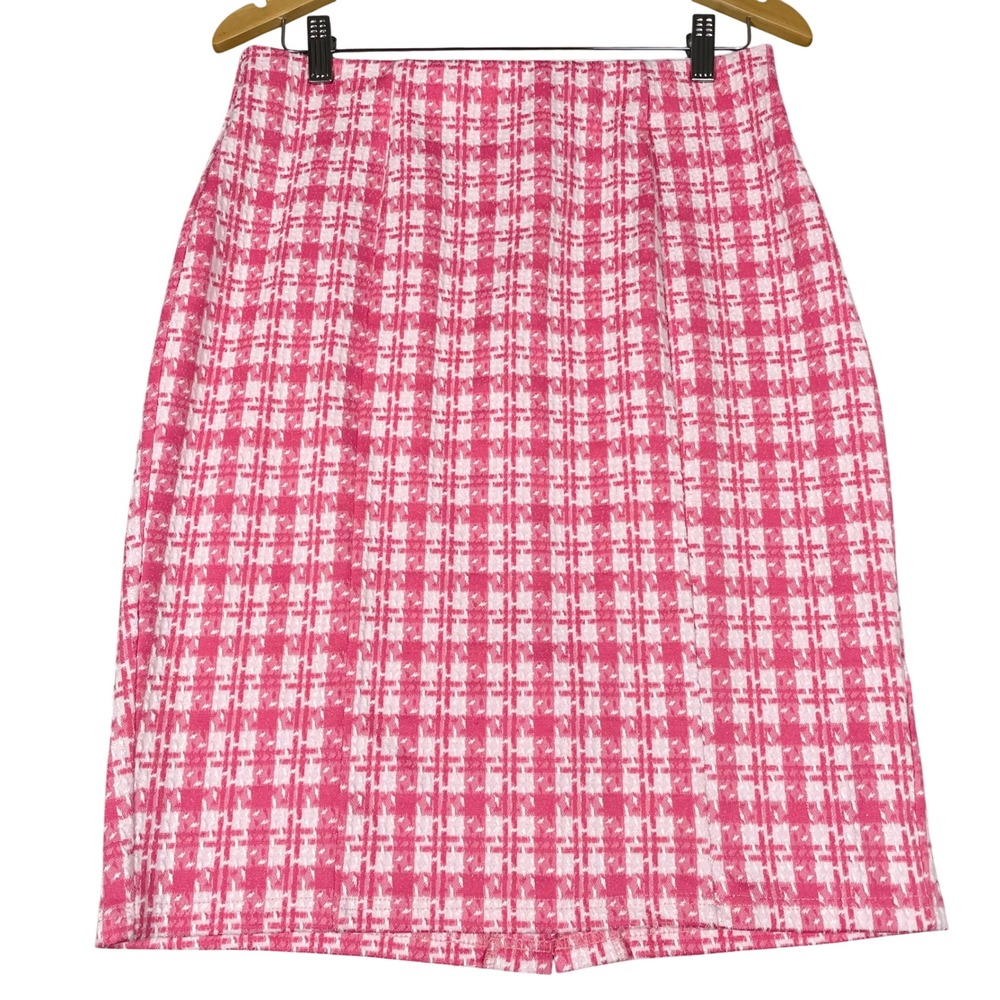 Kate Kasin Pink White Plaid Pencil Skirt Textured Tweed Knit High Waist Large